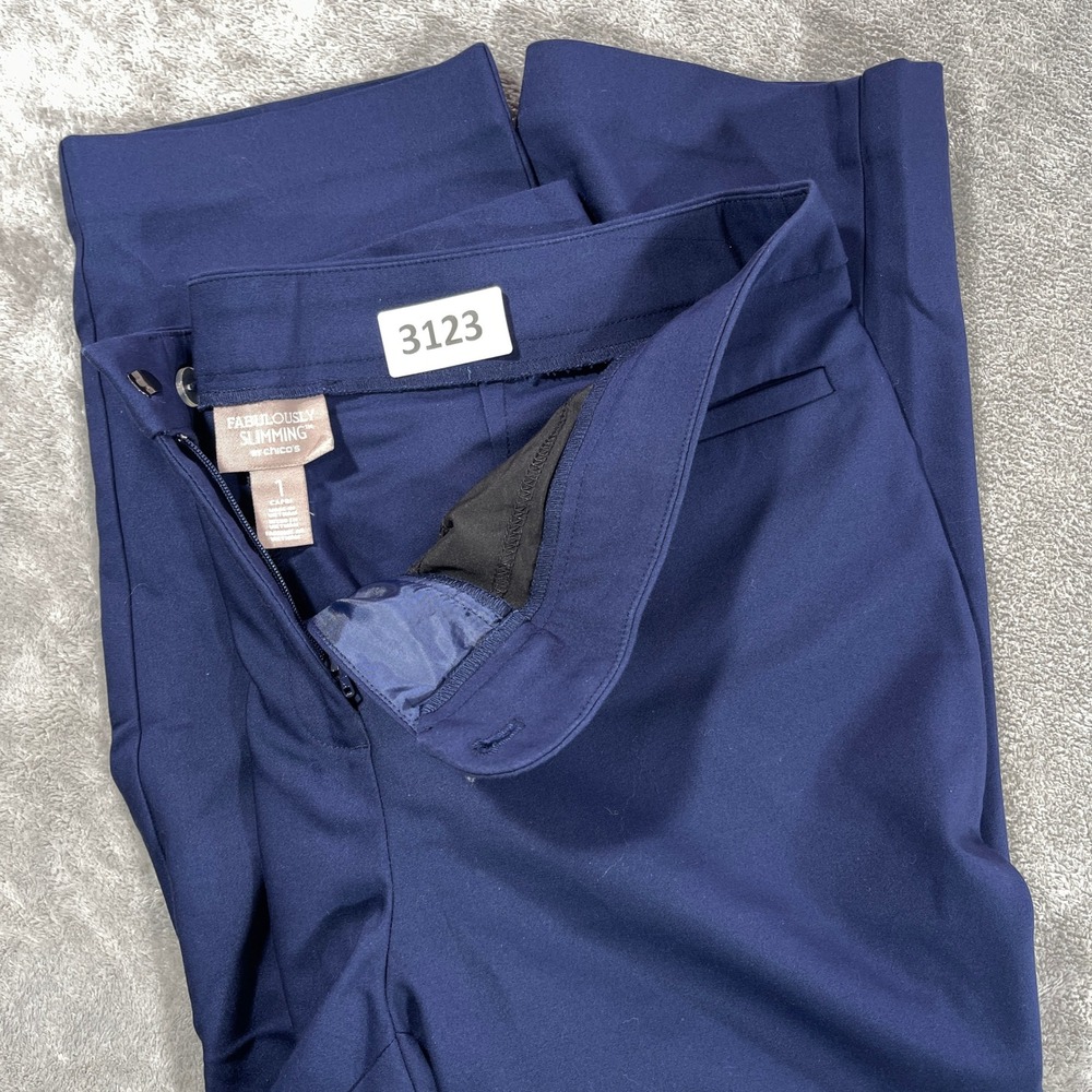 Chico's Fabulously Slimming Capri Pants Women Size 1 Navy Blue Cropped Trousers‎